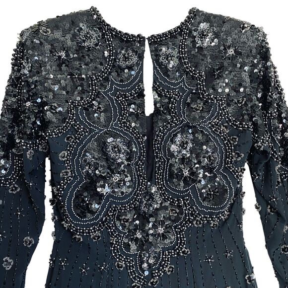 Vintage Demetrios Design Maxi Dress S Black Silk Beaded Burleskque Fairy Glam - Picture 5 of 12